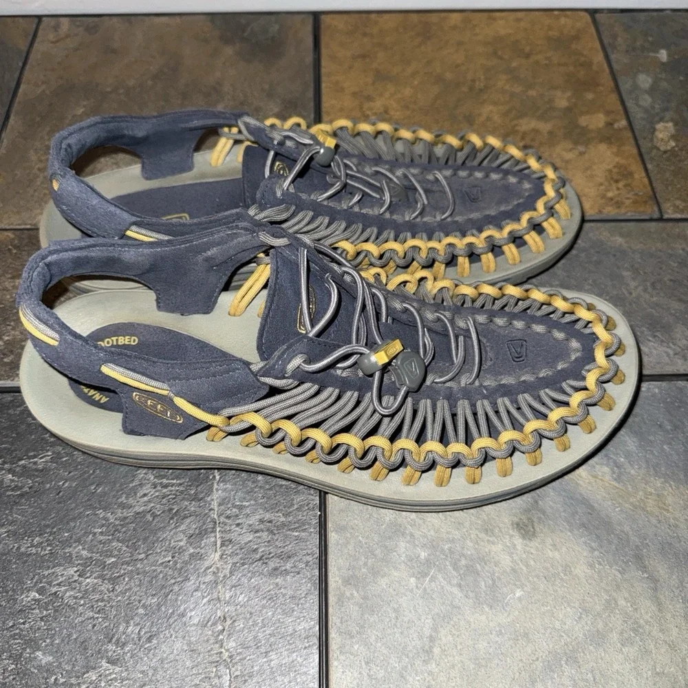 Keen Uneek Evo Shoes Men's 8.5  Blue Yellow Woven Slip On Sandals Outdoor Water
